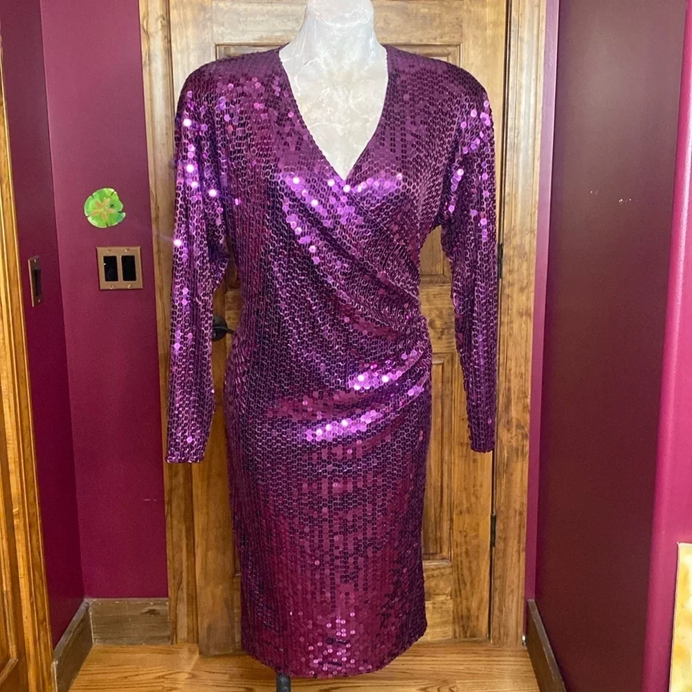 RARE Vtg Purple Sequin Oleg Cassini cocktail formal party midi long Dress sz 10